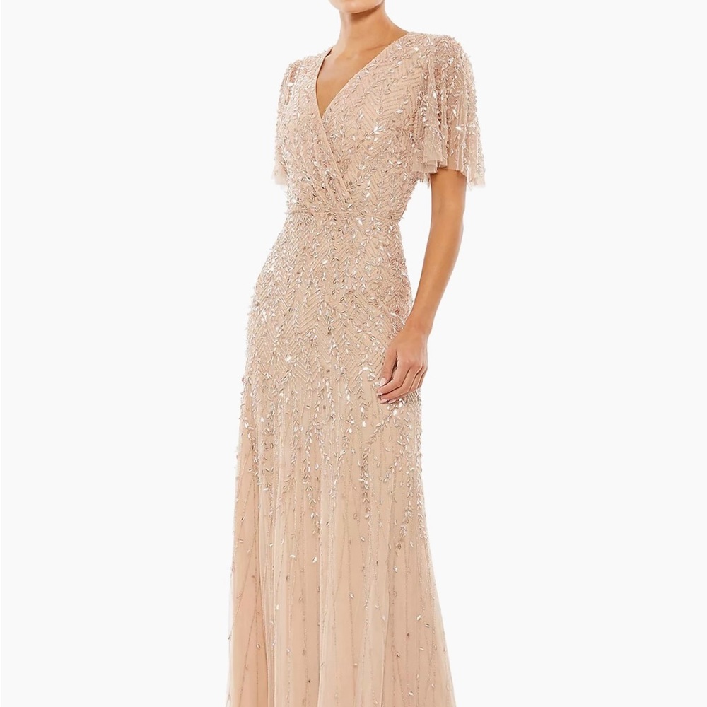 Mac Duggal Blush-Beige Beaded V-Neck Maxi Gown